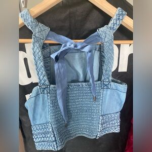 Maeve light blue chambray denim braided crop top with ribbon
